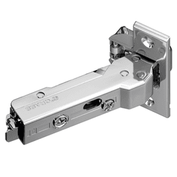 Tiomos +37° Angled Corner 110° Opening Hinge, 45mm Boring Pattern, Soft-Closing, Overlay, Nickel-Plated, Dowelled