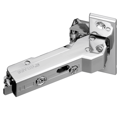 Tiomos +45° Angled Corner 110° Opening Hinge, 45mm Boring Pattern, Soft-Closing, Overlay, Nickel-Plated, Dowelled