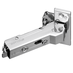 Tiomos +45° Angled Corner 110° Opening Hinge, 45mm Boring Pattern, Soft-Closing, Overlay, Nickel-Plated, Dowelled