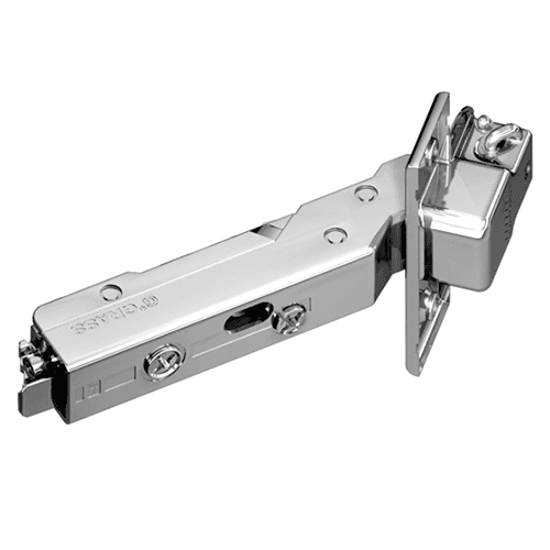 Tiomos -45° Angled Corner 120° Opening Hinge, 45mm Boring Pattern, Soft-Closing, Overlay, Nickel-Plated, Screw-On
