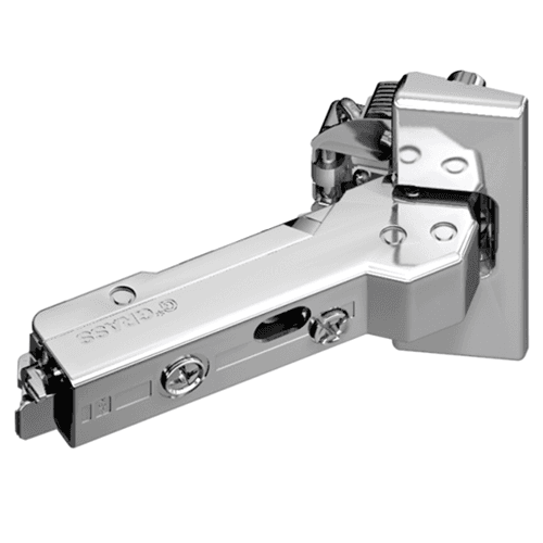 Tiomos +45° Angled Corner 110° Opening Hinge, 42/45mm Boring Pattern, Soft-Closing, Overlay, Nickel-Plated, Impresso