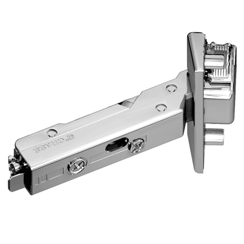 Tiomos -30° Angled Corner 120° Opening Hinge, 45mm Boring Pattern, Soft-Closing, Overlay, Nickel-Plated, Screw-On