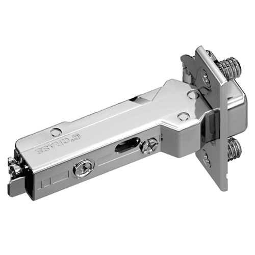 Tiomos 95° Opening Thick Door Hinge, 45mm Bore Pattern, Self-Closing, Half Overlay, Nickel-Plated, Dowelled