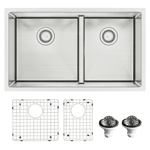 EL-77 Elite Stainless Steel Undermount 16G Double Bowl Kitchen Sink Kit, 32" x 19" x 10"