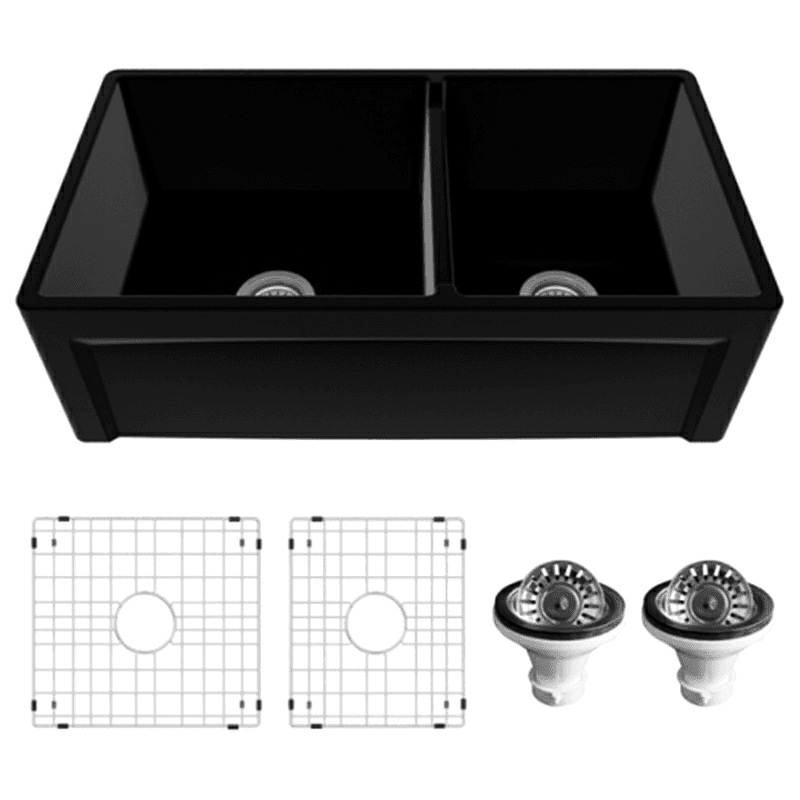 Fireclay Double Bowl Panel Front Farmhouse Kitchen Sink Kit with Reversible Apron Front, 33" x 18" x 10", Matte Black