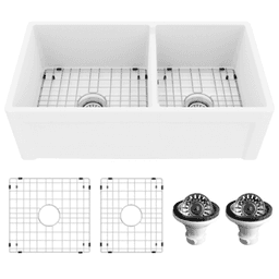Fireclay Double Bowl Panel Front Farmhouse Kitchen Sink Kit with Reversible Apron Front, 33" x 18" x 10", White