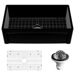 Fireclay Single Bowl Panel Front Farmhouse Kitchen Sink Kit with Reversible Apron Front, 33" x 18" x 10", Matte Black
