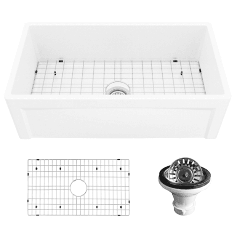 Fireclay Single Bowl Panel Front Farmhouse Kitchen Sink Kit with Reversible Apron Front, 33" x 18" x 10", White