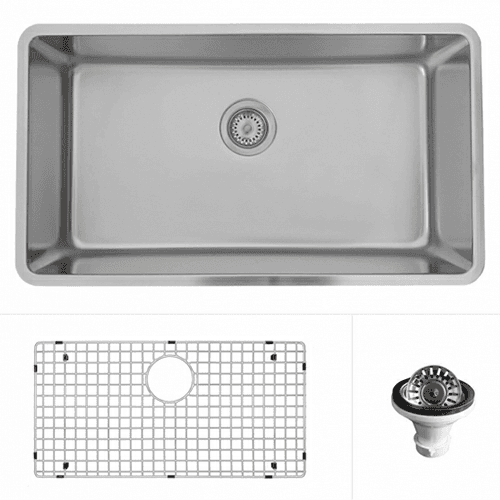 Novaro Stainless Steel Undermount 18G Extra Large Single Bowl Kitchen Sink Kit, 30-7/8" x 17-1/4" x 9"