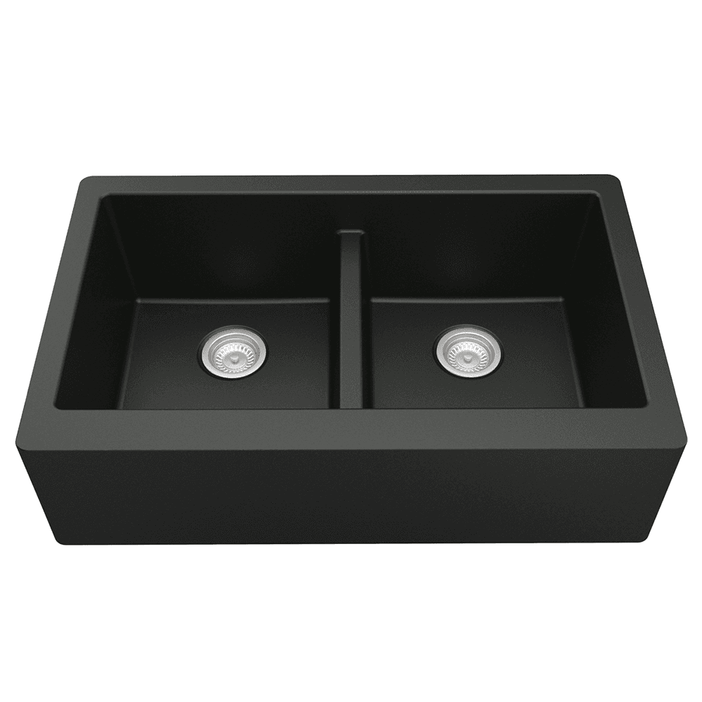 QA-750 Quartz Under Mount Double Bowl with Apron Kitchen Sink, 34" x 21-1/4" x 9", Black