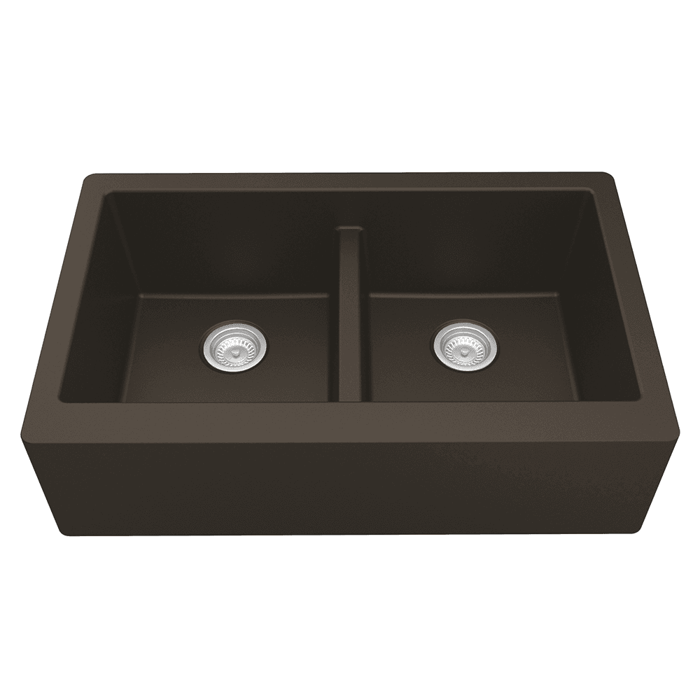 QA-750 Quartz Under Mount Double Bowl with Apron Kitchen Sink, 34" x 21-1/4" x 9", Brown