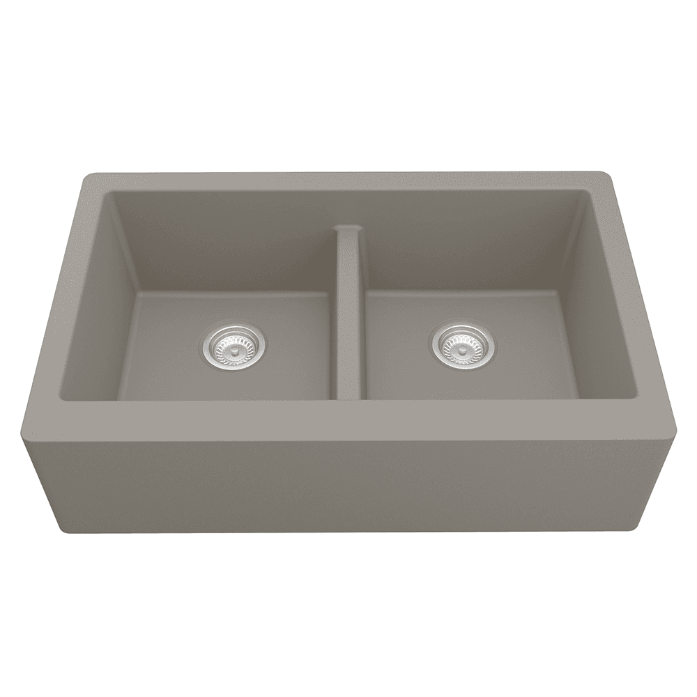 QA-750 Quartz Under Mount Double Bowl with Apron Kitchen Sink, 34" x 21-1/4" x 9", Concrete