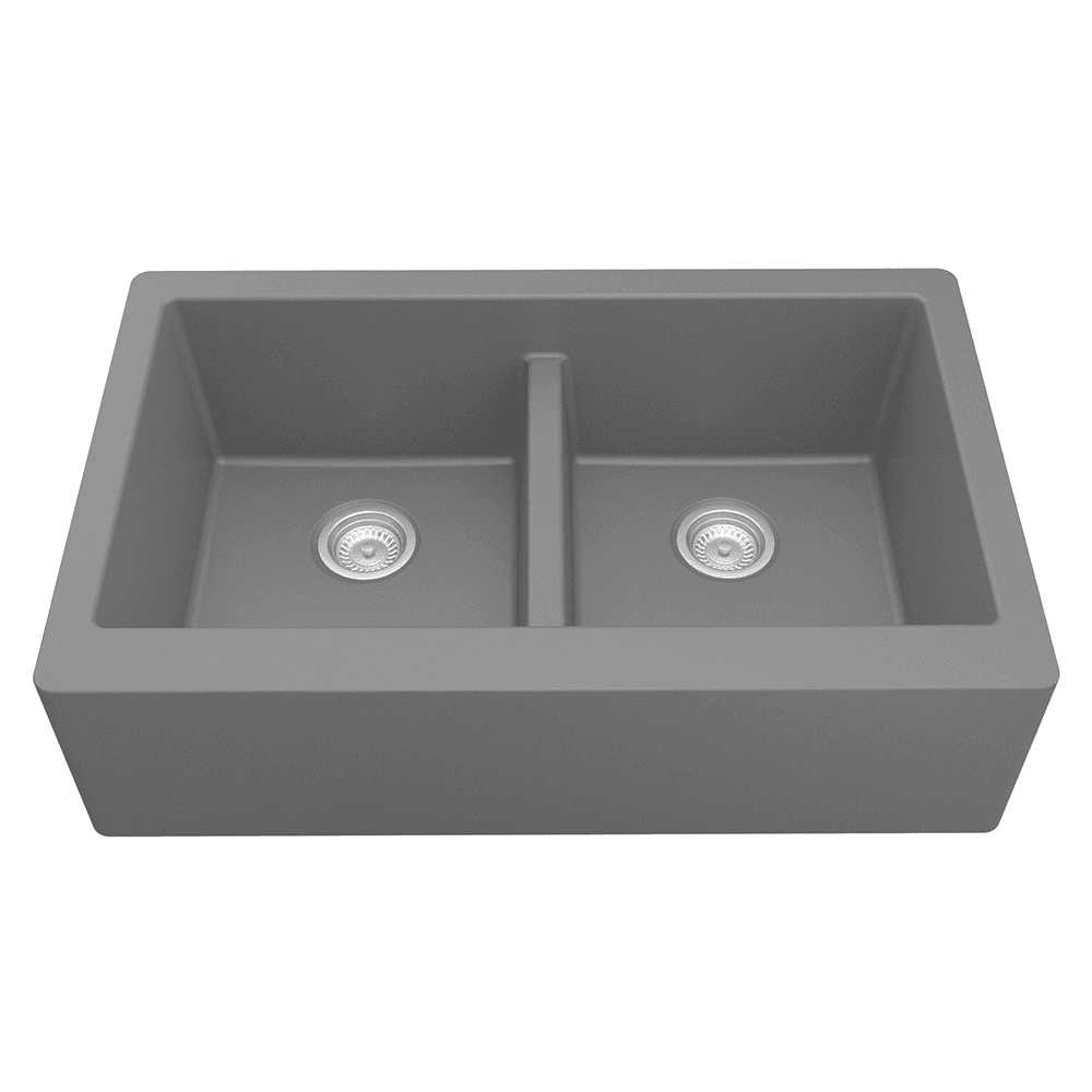 QA-750 Quartz Under Mount Double Bowl with Apron Kitchen Sink, 34" x 21-1/4" x 9", Gray