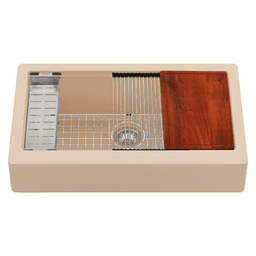 Quartz QARWS Retrofit Farmhouse/Apron Front Large Single Bowl Workstation Kitchen Sink, 34" x 21-1/4" x 9", Bisque