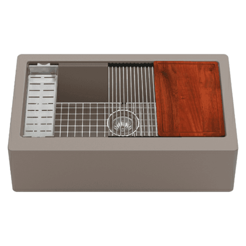 Quartz QAWS Farmhouse/Apron Front Large Single Bowl Workstation Kitchen Sink, 34" x 21-1/4" x 9", Concrete