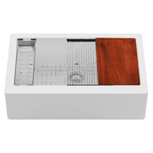 Quartz QAWS Farmhouse/Apron Front Large Single Bowl Workstation Kitchen Sink, 34" x 21-1/4" x 9", White