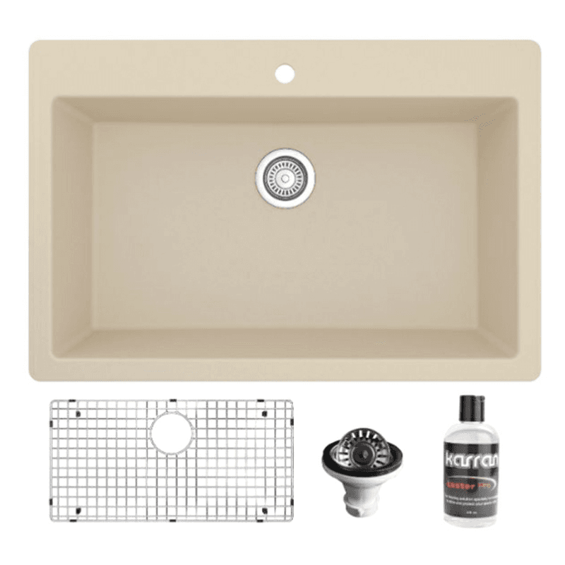 Quartz Top Mount/Drop-In Large Single Bowl Kitchen Sink Kit, 33" x 22" x 9", Bisque