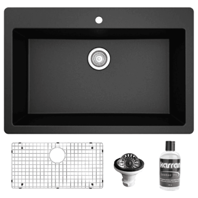 Quartz Top Mount/Drop-In Large Single Bowl Kitchen Sink Kit, 33" x 22" x 9", Black