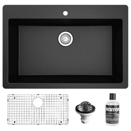 Quartz Top Mount/Drop-In Large Single Bowl Kitchen Sink Kit, 33" x 22" x 9", Black