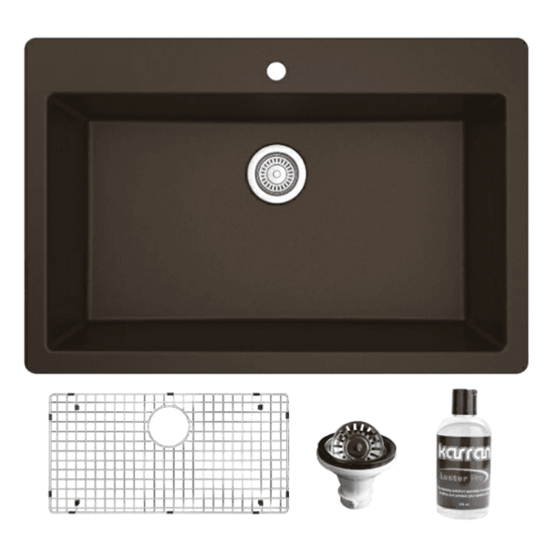 Quartz Top Mount/Drop-In Large Single Bowl Kitchen Sink Kit, 33" x 22" x 9", Brown