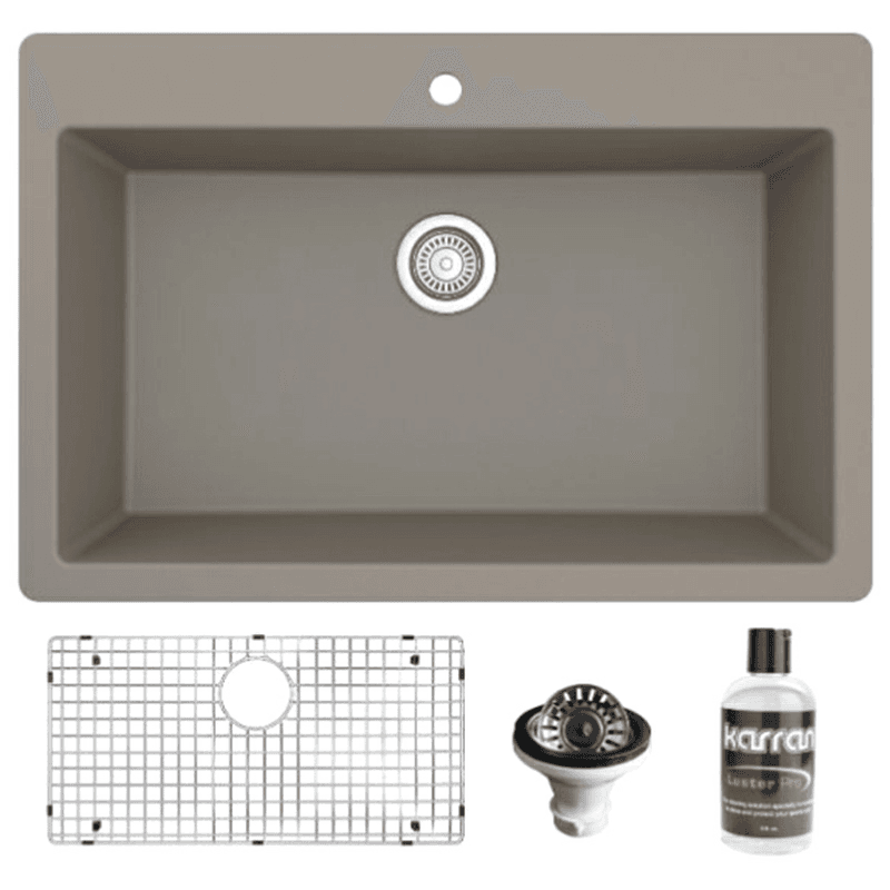 Quartz Top Mount/Drop-In Large Single Bowl Kitchen Sink Kit, 33" x 22" x 9", Concrete