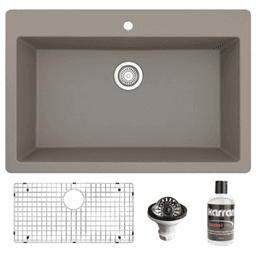 Quartz Top Mount/Drop-In Large Single Bowl Kitchen Sink Kit, 33" x 22" x 9", Concrete