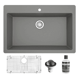 Quartz Top Mount/Drop-In Large Single Bowl Kitchen Sink Kit, 33" x 22" x 9", Gray