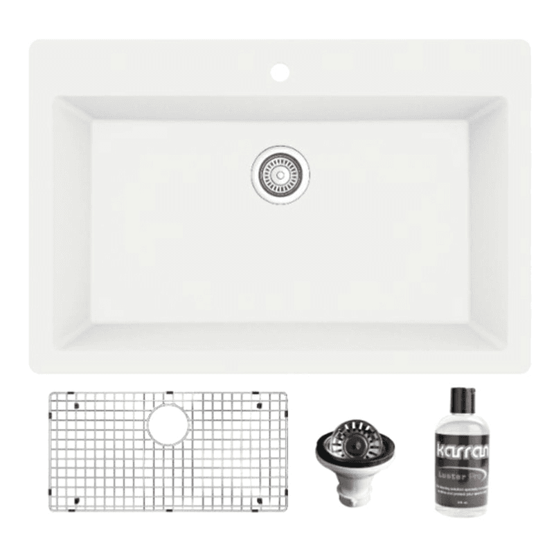 Quartz Top Mount/Drop-In Large Single Bowl Kitchen Sink Kit, 33" x 22" x 9", White