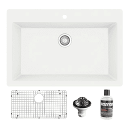 Quartz Top Mount/Drop-In Large Single Bowl Kitchen Sink Kit, 33" x 22" x 9", White