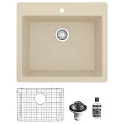 Quartz Top Mount/Drop-In Single Bowl Kitchen Sink Kit, 25" x 22" x 9", Bisque