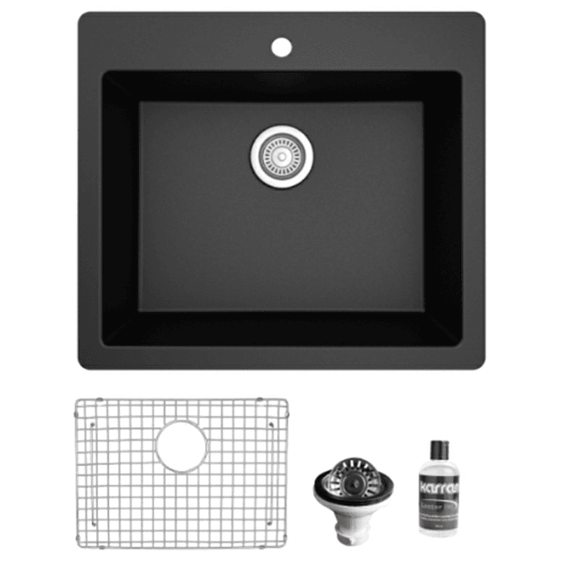 Quartz Top Mount/Drop-In Single Bowl Kitchen Sink Kit, 25" x 22" x 9", Black