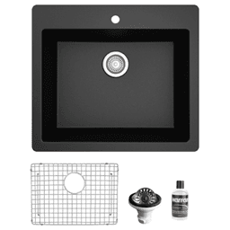 Quartz Top Mount/Drop-In Single Bowl Kitchen Sink Kit, 25" x 22" x 9", Black