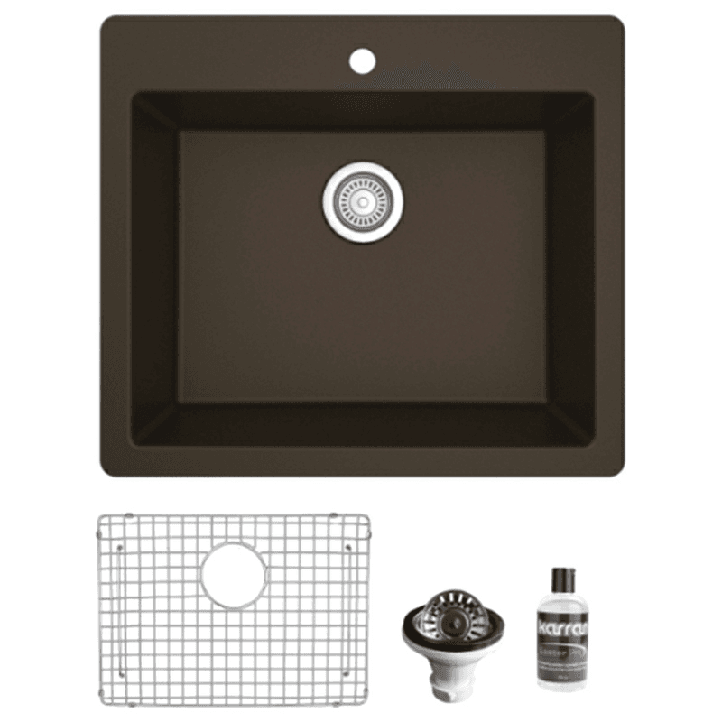 Quartz Top Mount/Drop-In Single Bowl Kitchen Sink Kit, 25" x 22" x 9", Brown