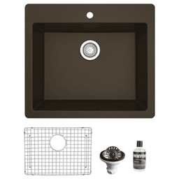 Quartz Top Mount/Drop-In Single Bowl Kitchen Sink Kit, 25" x 22" x 9", Brown