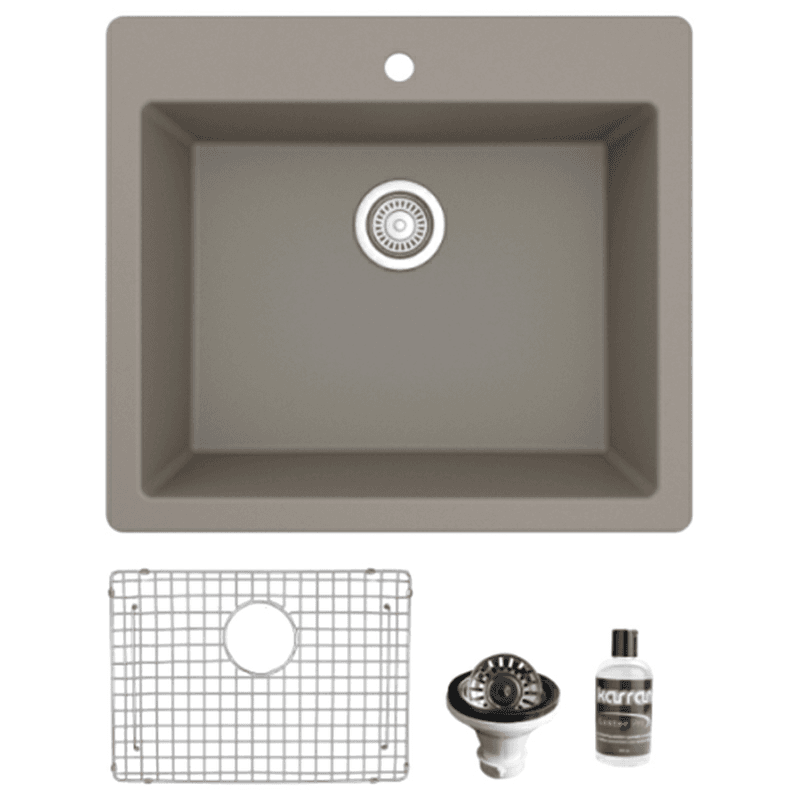 Quartz Top Mount/Drop-In Single Bowl Kitchen Sink Kit, 25" x 22" x 9", Concrete