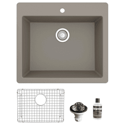 Quartz Top Mount/Drop-In Single Bowl Kitchen Sink Kit, 25" x 22" x 9", Concrete