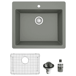 Quartz Top Mount/Drop-In Single Bowl Kitchen Sink Kit, 25" x 22" x 9", Gray