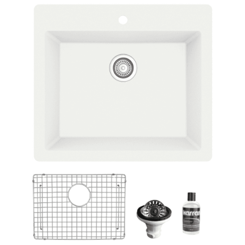 Quartz Top Mount/Drop-In Single Bowl Kitchen Sink Kit, 25" x 22" x 9", White