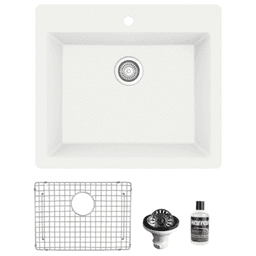 Quartz Top Mount/Drop-In Single Bowl Kitchen Sink Kit, 25" x 22" x 9", White