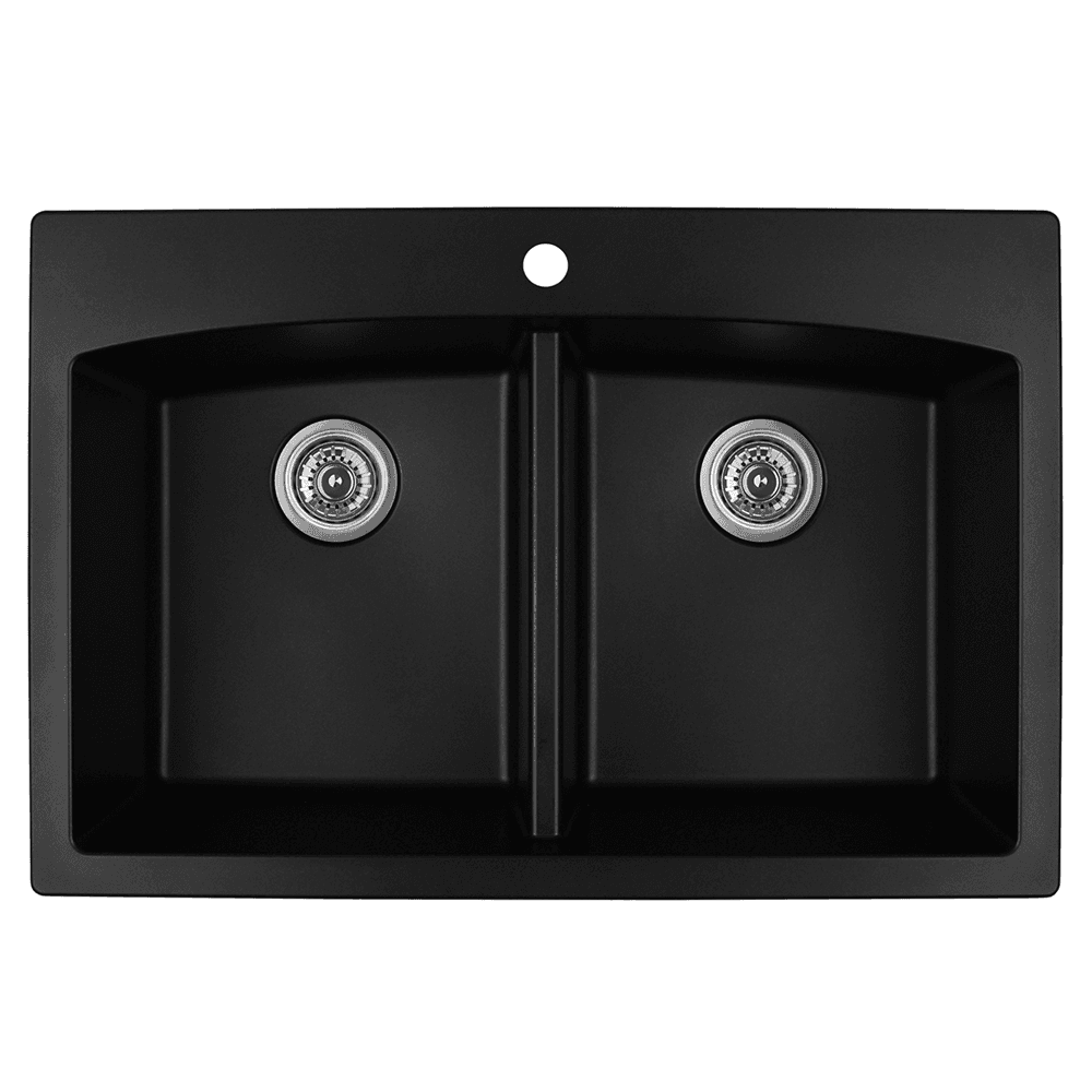 QT-710 Quartz Top Mount Double Equal Bowl Kitchen Sink, 33" x 22" x 9", Black