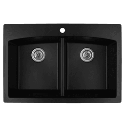 QT-710 Quartz Top Mount Double Equal Bowl Kitchen Sink, 33" x 22" x 9", Black