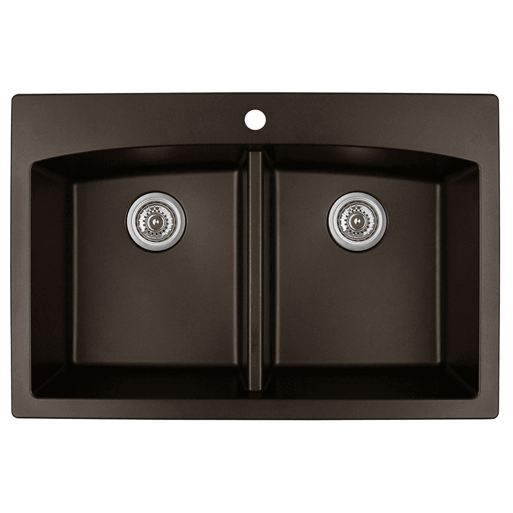 QT-710 Quartz Top Mount Double Equal Bowl Kitchen Sink, 33" x 22" x 9", Brown