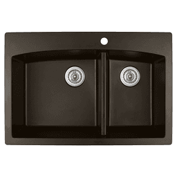 QT-711 Quartz Top Mount Large/Small Bowl Kitchen Sink, 33" x 22" x 9", Brown