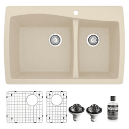 QT-721 Quartz Top Mount/Drop-In Large/Small Bowl Kitchen Sink Kit, 34" x 22" x 9", Bisque