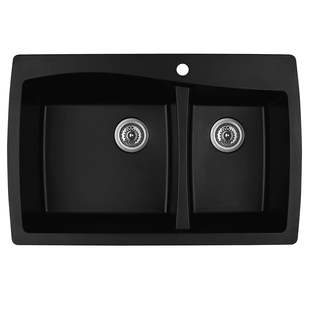QT-721 Quartz Top Mount Large/Small Bowl Kitchen Sink, 34" x 22" x 9", Black