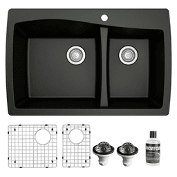 QT-721 Quartz Top Mount/Drop-In Large/Small Bowl Kitchen Sink Kit, 34" x 22" x 9", Black
