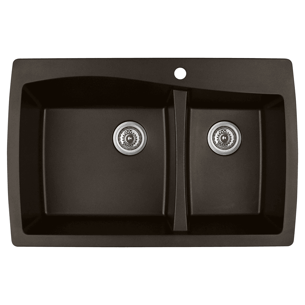 QT-721 Quartz Top Mount Large/Small Bowl Kitchen Sink, 34" x 22" x 9", Brown