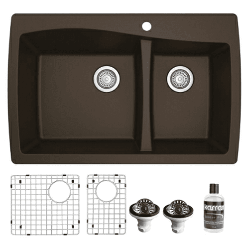 QT-721 Quartz Top Mount/Drop-In Large/Small Bowl Kitchen Sink Kit, 34" x 22" x 9", Brown