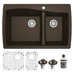 QT-721 Quartz Top Mount/Drop-In Large/Small Bowl Kitchen Sink Kit, 34" x 22" x 9", Brown