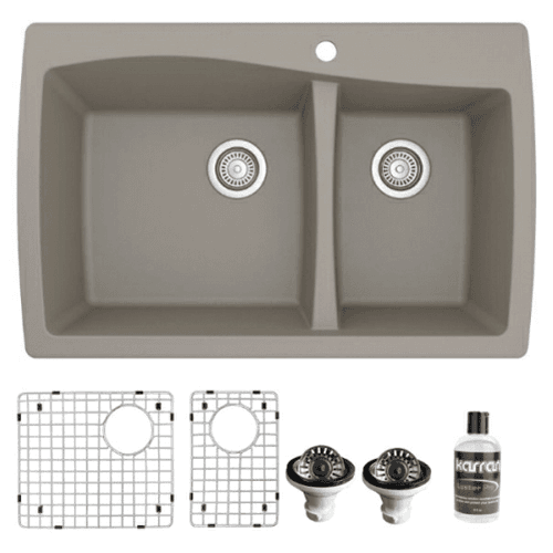 QT-721 Quartz Top Mount/Drop-In Large/Small Bowl Kitchen Sink Kit, 34" x 22" x 9", Concrete